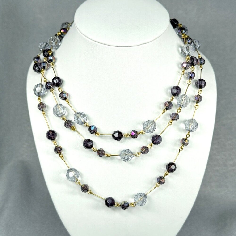 Joan Rivers Beaded Necklace Clear Purple AB Faceted Gold Tone Long Layer 60"
